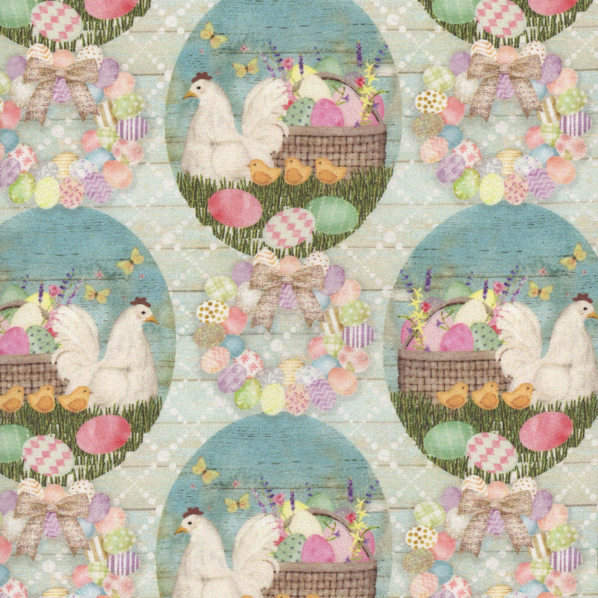 Bunny Kisses & Easter All One Basket Chicken Plaid Mint Blue Beth Albert 3 Wishes Cotton Fabric