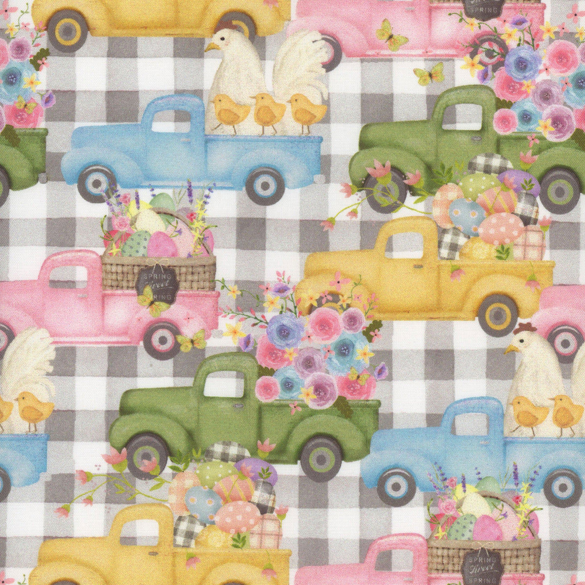 Bunny Kisses & Easter Pickup Parade Check Gingham Charcoal Black Beth Albert 3 Wishes Cotton Fabric