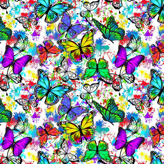 Butterflies and Color Splatter Allover Sykel Cotton Fabric