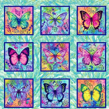 Butterfly Paradise Block Panel 24" Aquamarine Blue Green Elizabeth Isles Studio E Cotton Fabric