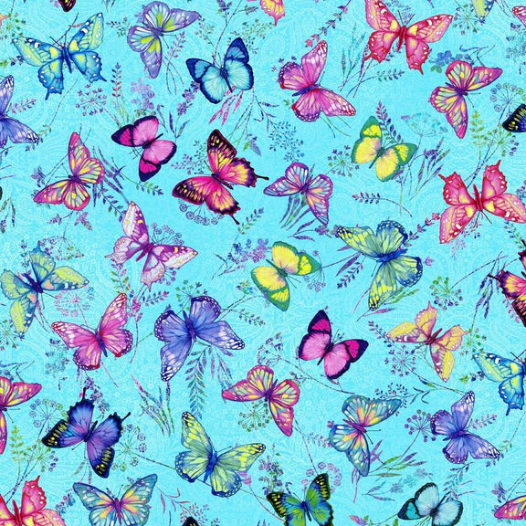 Butterfly Paradise Butterflies Blue Elizabeth Isles Studio E Cotton Fabric