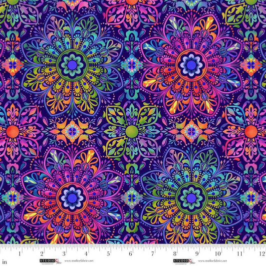 Butterfly Boutique Medallions Indigo Elizabeth Isles Studio E Cotton Fabric SE-8602-77