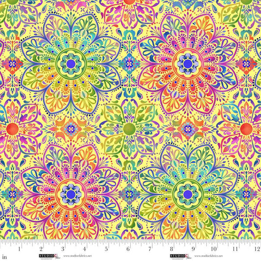 Butterfly Boutique Medallions Yellow Elizabeth Isles Studio E Cotton Fabric SE-8602-33