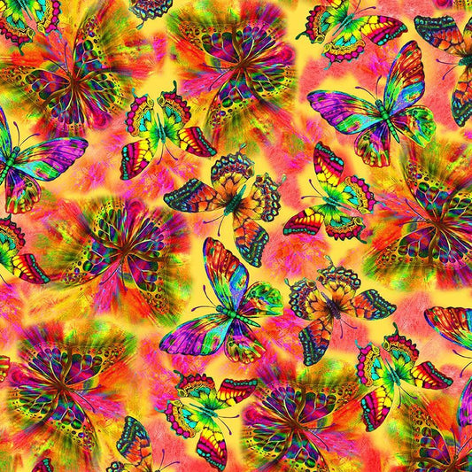 Butterfly Garden Flying Electric Butterflies Electric Orange Timeless Treasures Cotton Fabric TT-NATURE-CD2153-ELECTRIC