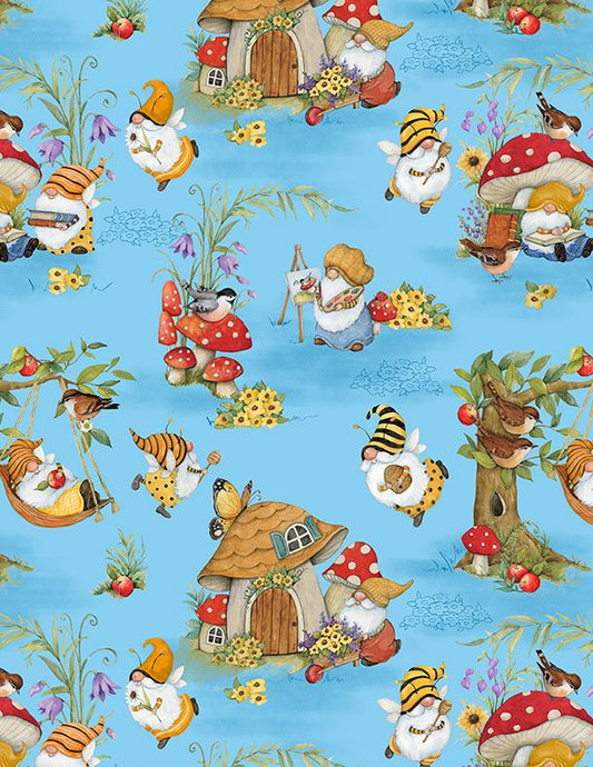 Buzzin My Gnome-iezz Gnomes All Over Blue Susan Winget Wilmington Prints Cotton Fabric