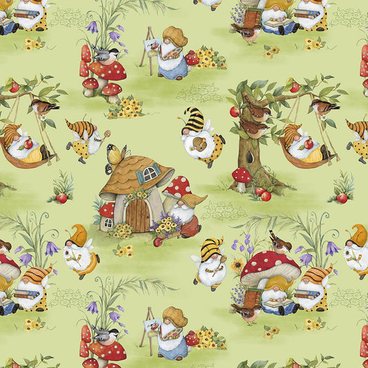 Buzzin My Gnome-iezz Gnomes All Over Green Susan Winget Wilmington Prints Cotton Fabric