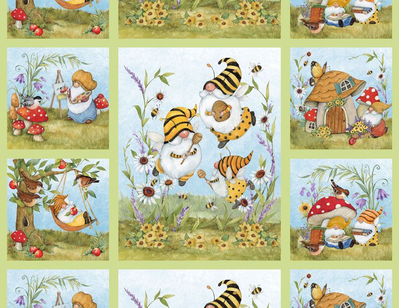 Buzzin My Gnome-iezz Panel 24" Multi Susan Winget Wilmington Prints Cotton Fabric