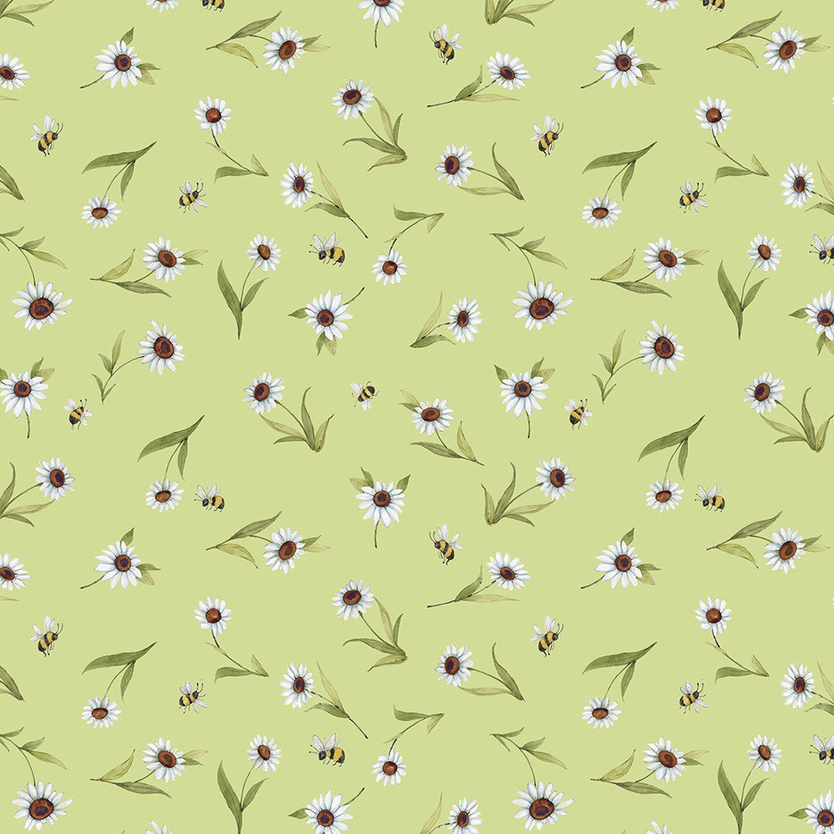 Buzzin My Gnome-iezz Tossed Daisies Bees Green Susan Winget Wilmington Cotton Fabric