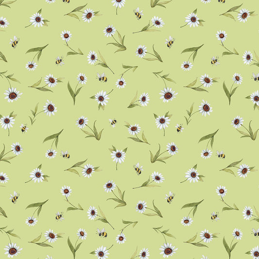 Buzzin My Gnome-iezz Tossed Daisies Bees Green Susan Winget Wilmington Cotton Fabric