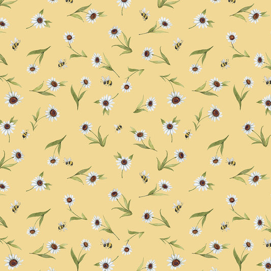 Buzzin My Gnome-iezz Tossed Daisies Bees Yellow Susan Winget Wilmington Cotton Fabric