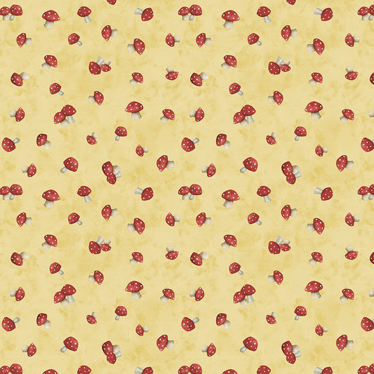 Buzzin My Gnome-iezz Tossed Mushrooms Yellow Susan Winget Wilmington Prints Cotton Fabric