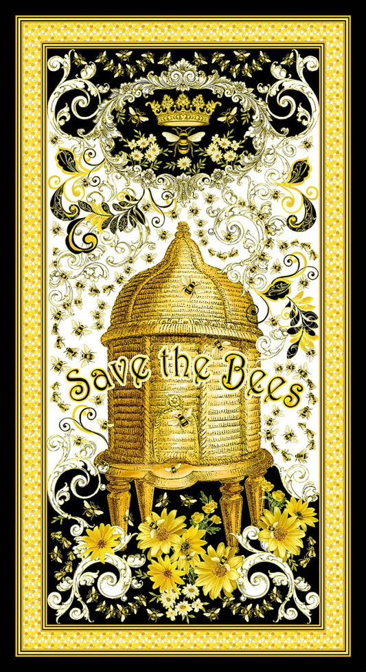 Buzzworthy Panel 24" with Metallics Black Gold Kanvas Studio Benartex Cotton Fabric BE-9967MB-12