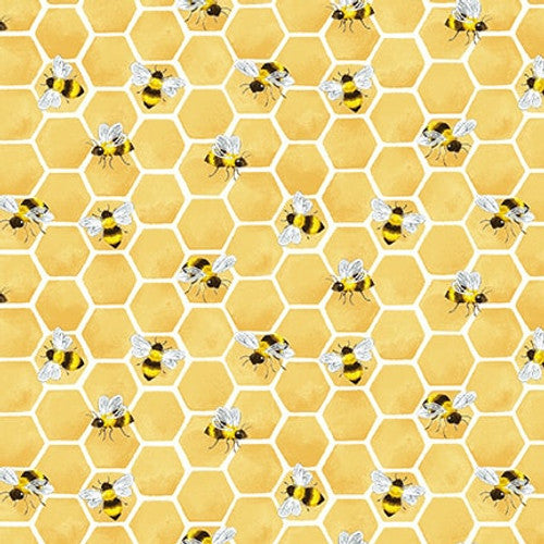 Buzzy Bee Honeycomb and Bees Honey Yellow Jane Alison Henry Glass Cotton Fabric