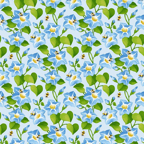 Buzzy Bee Morning Glory Floral Bee Blue Jane Alison Henry Glass Cotton Fabric