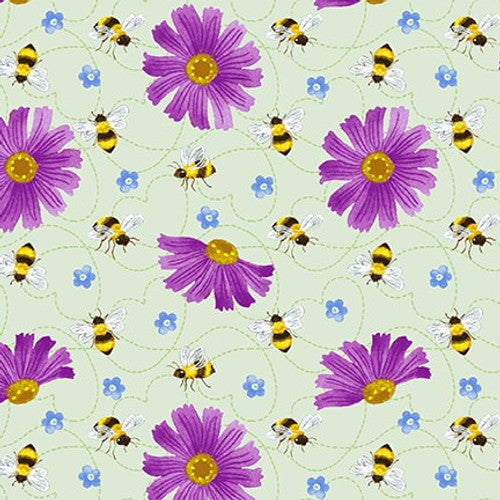 Buzzy Bee Tossed Flowers and Bees Multi Green Jane Alison Henry Glass Cotton Fabric