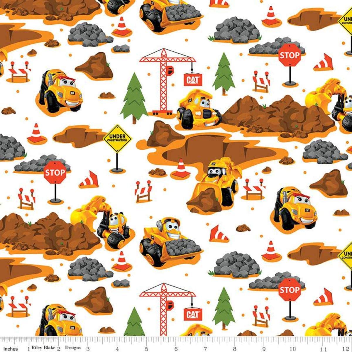 CAT Building Crew Main Construction Equipment White Riley Blake Cotton  Fabric