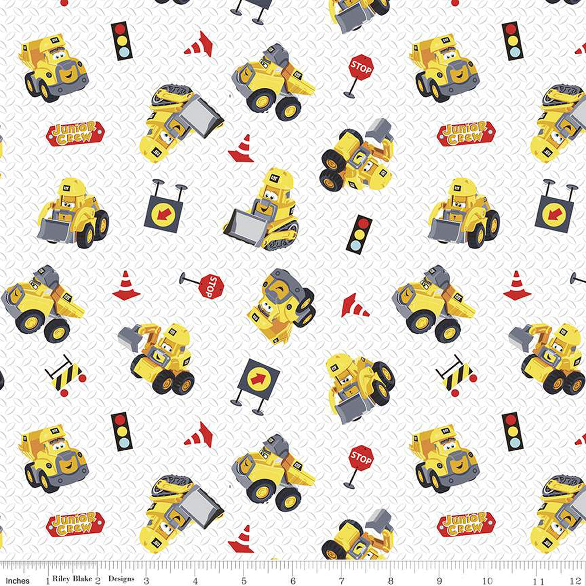 CAT Junior Crew Truck Toys White Riley Blake Designs Cotton Fabric