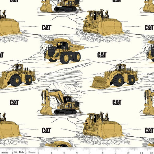CAT Buildin' Crew Construction Equipment White Licensed Riley Blake Cotton Fabric RB-C9100-White