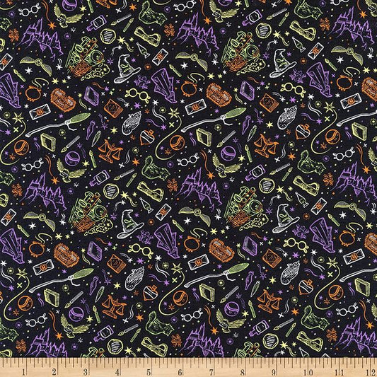 Harry Potter Halloween II Artifacts Toss Black Camelot Cotton Fabric