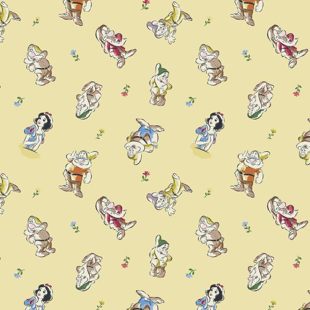 Snow White and the Seven Dwarfs Cast Toss Yellow Camelot Cotton Fabric