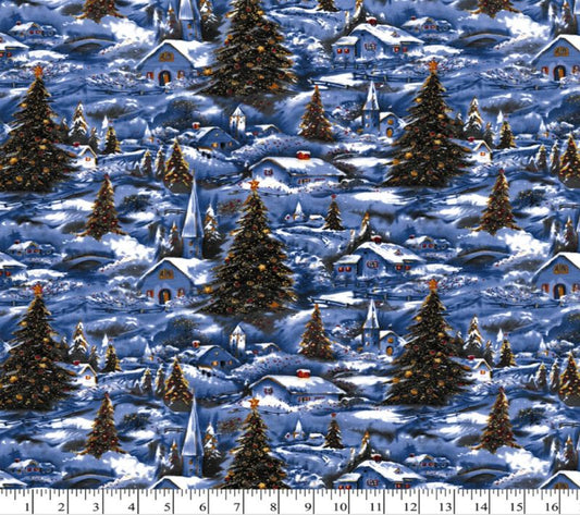 Winter Village Scenic Garden Glitter Snow Christmas Trees Church Steeple Cotton