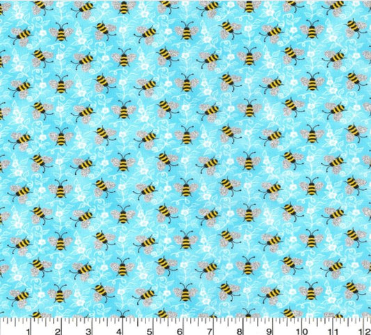 Bubble Bees light blue silver metalllic wings Cotton Fabric