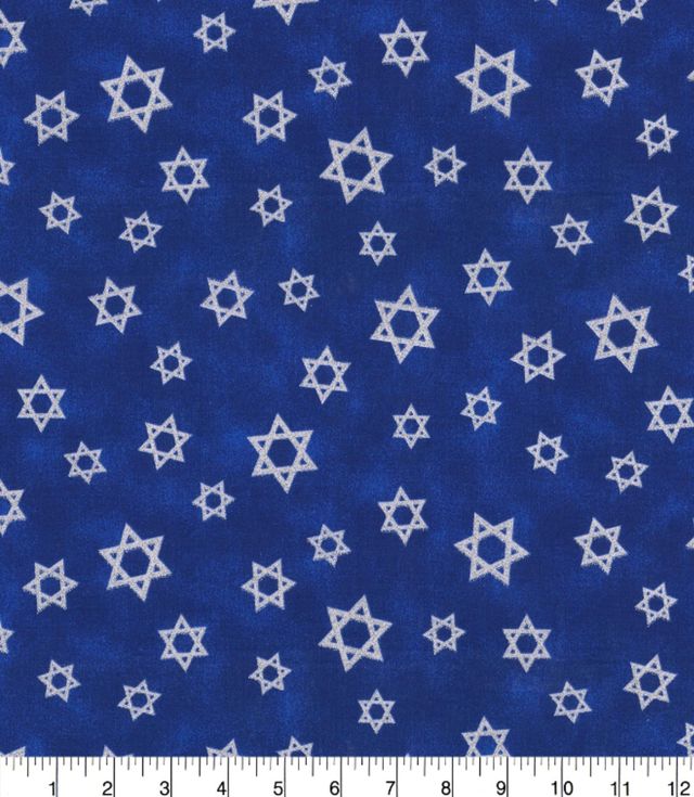 Happy Hanukkah Star of David Silver Glitter Tossed Cotton Fabric