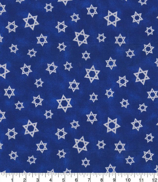 Happy Hanukkah Star of David Silver Glitter Tossed Cotton Fabric