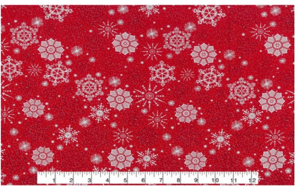 Snowflake Silver Metallic Foil Red Cotton Fabric