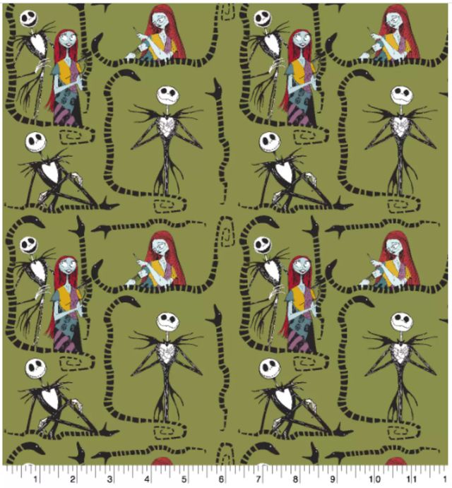 Nightmare Before Christmas Jack and Sally Snake Green Cotton Fabric