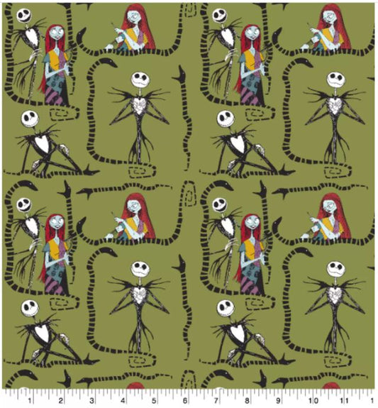 Nightmare Before Christmas Jack and Sally Snake Green Cotton Fabric