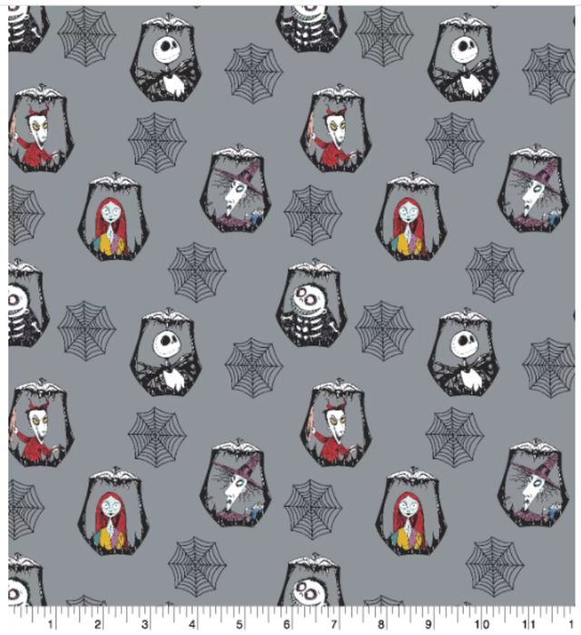 Nightmare Before Christmas Jack and Sally Badges Spider Web Cobwebs Gray Cotton Fabric | US Fabric Shop