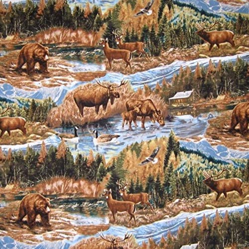 Cabin Scenic Woods Animals Print Concepts Cotton Fabric