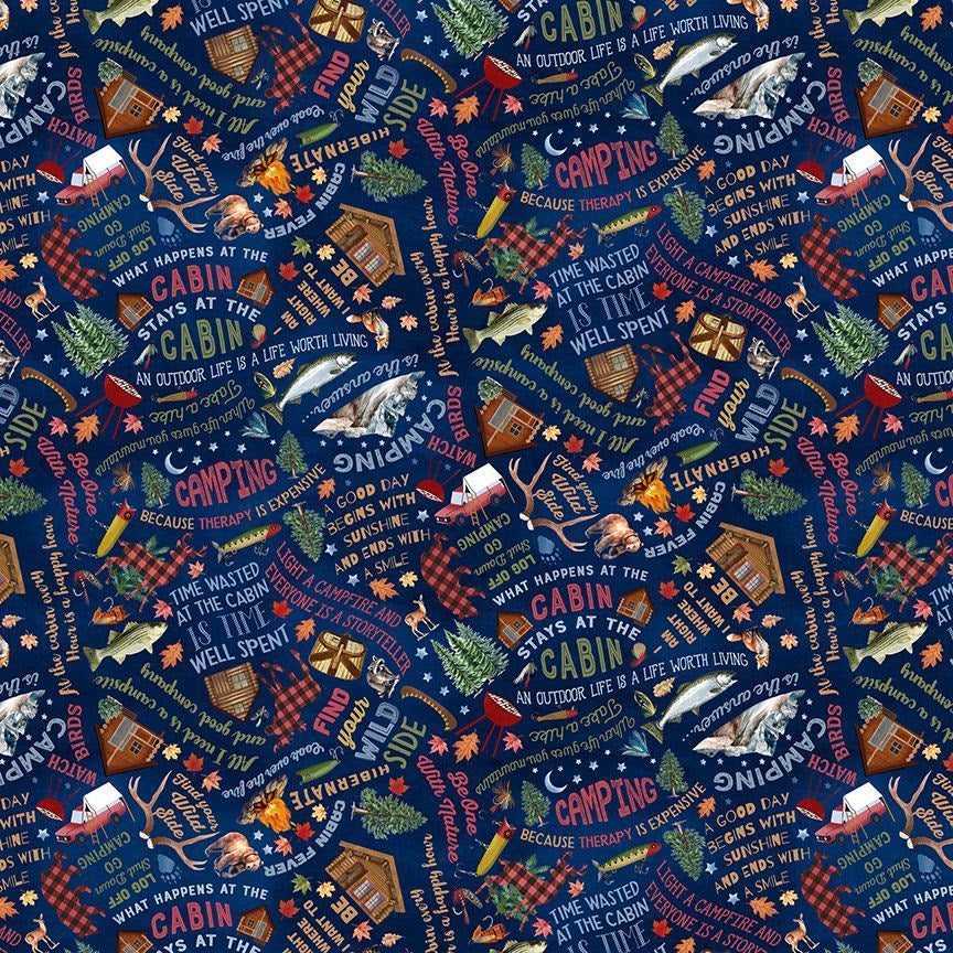 Cabin Rules Campfire Wisdom Navy Gail Cadden Timeless Treasures Cotton Fabric TT-GAIL-CD3481-NAVY