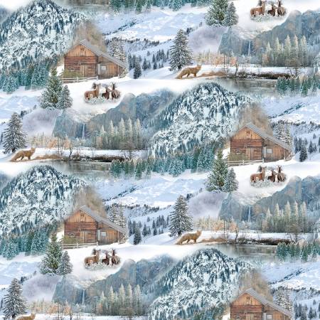 Cabin on a Snowy Mountain Winter Wonderland Scene Snow Timeless Treasures Cotton Fabric TT-WINTER-CD1644-SNOW