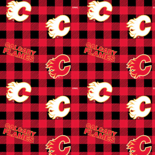 Calgary Flames NHL Hockey Check FLANNEL Sykel Enterprises Cotton Fabric NHL-1192-FLA