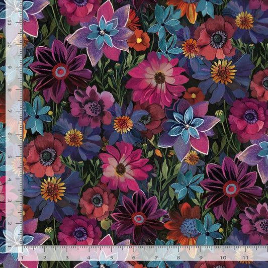 Calico Cat Forest Floral Black Timeless Treasures Cotton Fabric TT-FLEUR-CD4116-BLACK