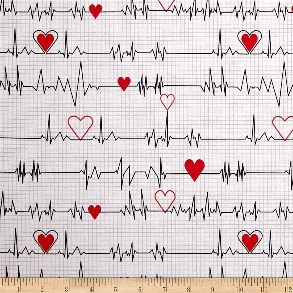 Calling All Nurse RN Heart Beat ECG EKG White Windham Cotton Fabric