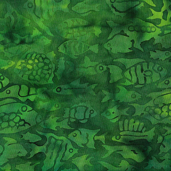 Calm Lagoon Fish Hunter Green Batik Kathy Engle Island Batik Fabric