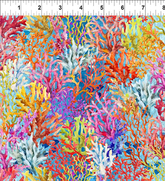 Calypso II Coral Multi Blue Jason Yenter The Beginning Cotton fabric