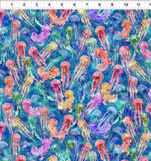 Calypso II Jellyfish Teal Jason Yenter The Beginning Cotton fabric