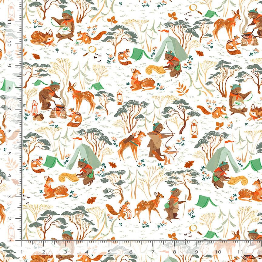 Camping Crew Woodland Animals Cute White Rae Richie Dear Stella Cotton Fabric DS-DRR3306-White