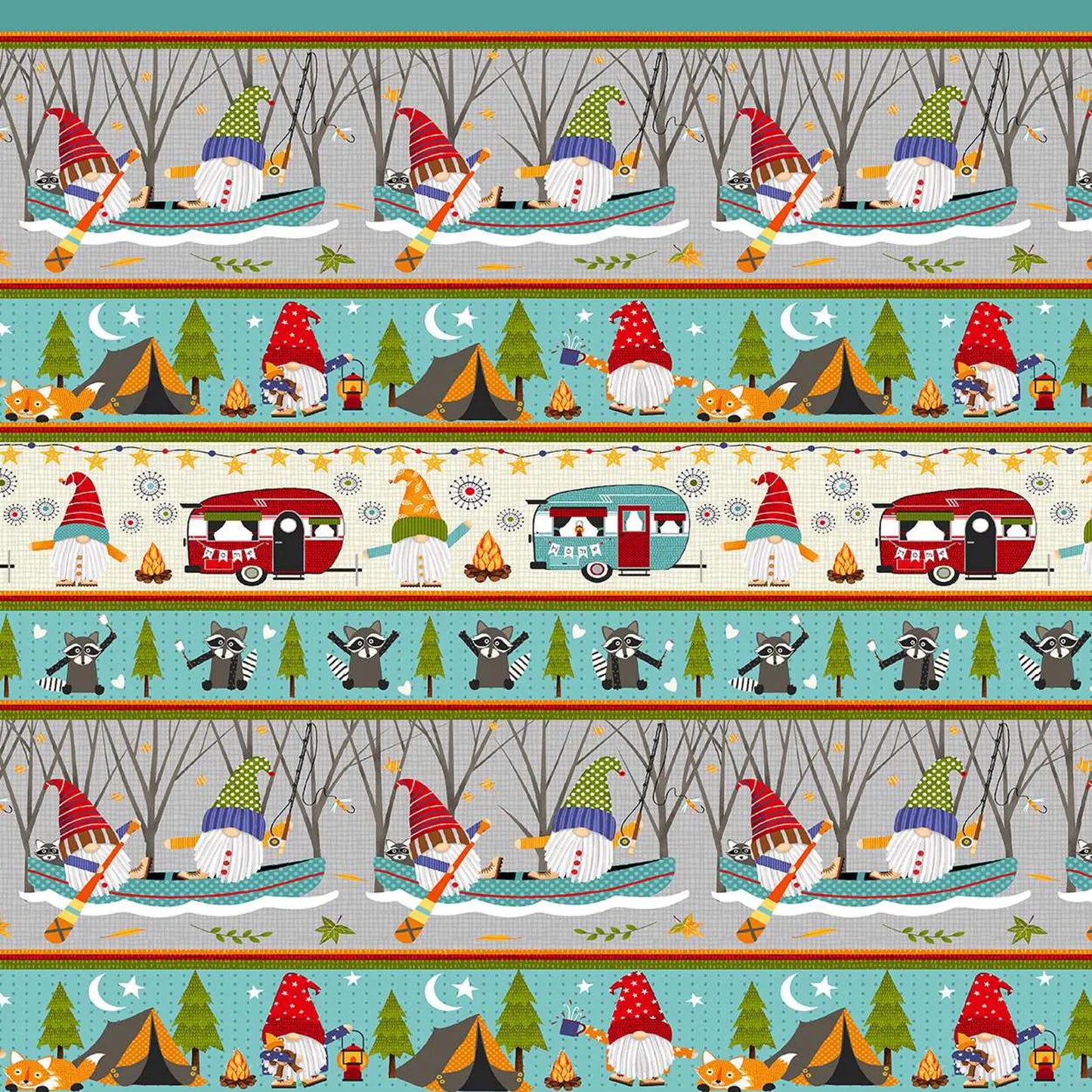 Camping Gnomes Border Stripe Multi Lori Nawyn Studio E Cotton Fabric SE-8256-91