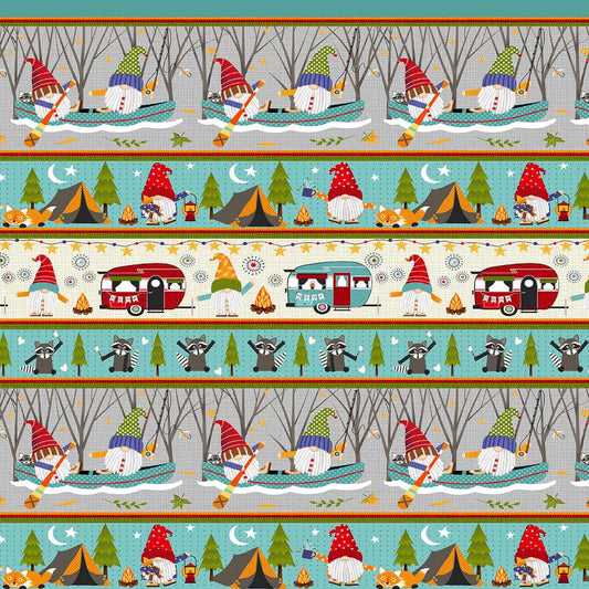 Camping Gnomes Border Stripe Multi Lori Nawyn Studio E Cotton Fabric SE-8256-91