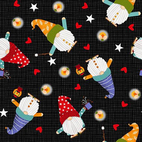 Camping Gnomes Tossed Gnomes Dark Charcoal Lori Nawyn Studio E Cotton Fabric SE-8254-99
