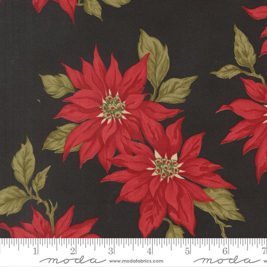 Candlelight Christmas Poinsettia Florals Ebony Black 3 Sisters Moda Cotton Fabric MD-44420-16