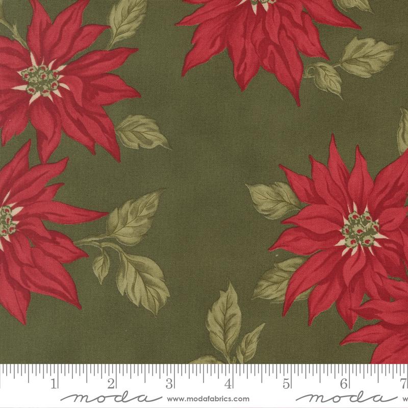 Candlelight Christmas Poinsettia Florals Holly Dark Green 3 Sisters Moda Cotton Fabric MD-44420-15