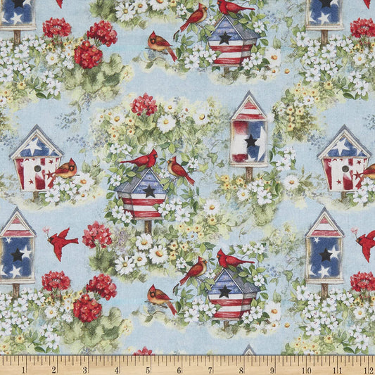 Patriotic Cardinal Birdhouses Blue Susan Winget Springs Creative Cotton Fabric