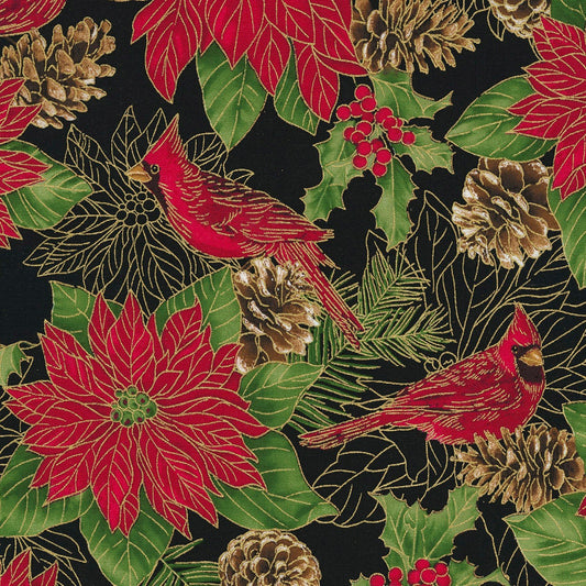 Cardinal and Poinsettias Metallic Gold Black holiday Timeless Treasures Cotton Fabric