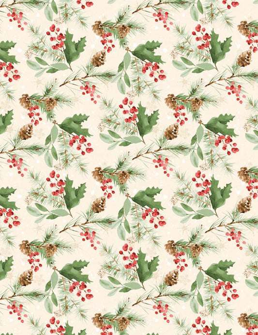 Cardinal Celebration Greenery Toss Cream Katrina Pete Wilmington Prints Cotton Fabric WP-3072-37758-273